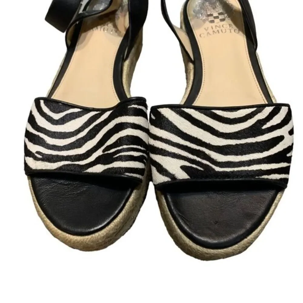 Vince Camuto Espadrille Sandals Womens 6 Black Zebra Print Platform Buckle Strap